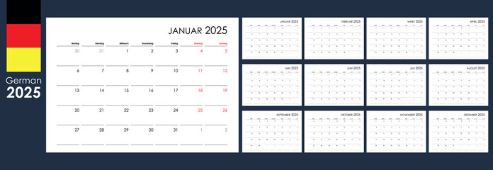 Planner calendar for 2025. Wall organizer, yearly template. One page. Set of 12 months. German
