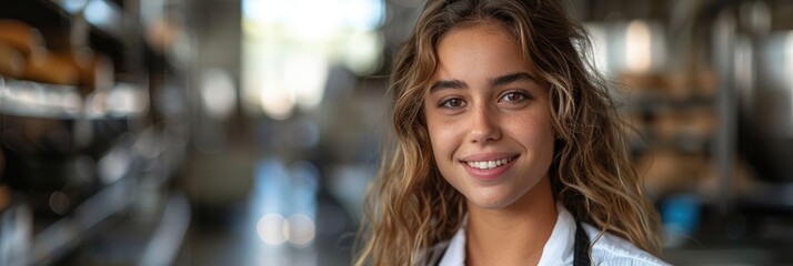 Young female chef smiling in a commercial kitchen, showcasing confidence and professionalism in a lively culinary environment.