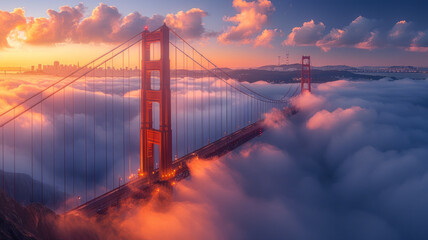 Obraz premium Golden Gate at dawn surrounded by fog,generative ai