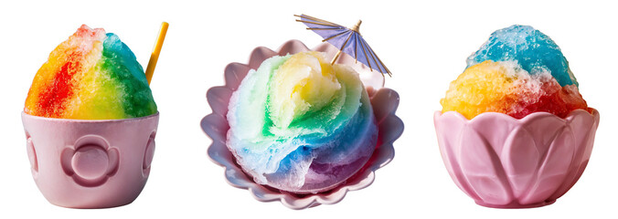 Colorful Rainbow Hawaiian Shaved ice in the flower-shaped bowl with straw, homemade summer sweet fruit flavored treat, isolated PNG, transparent cutout
