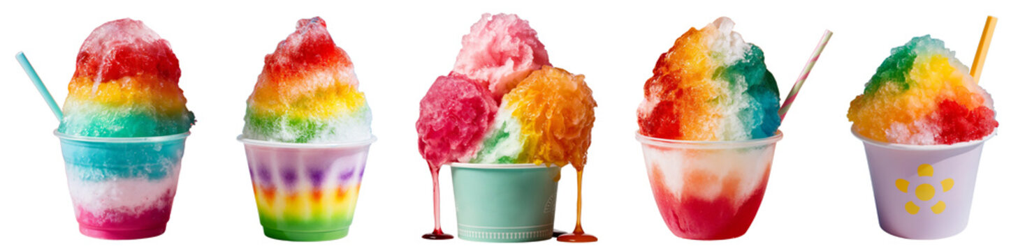 Colorful Rainbow Hawaiian Shaved ice in the cup with straw, homemade summer sweet fruit flavored treat, isolated PNG, transparent cutout, gola ganda