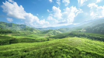 Fototapeta premium Beautiful terraced rice field landscape with layers of vibrant green paddies, creating a serene and picturesque scene
