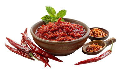 Red chili sauce in a bowl with fresh peppers and spices on a white background. Appetizing condiment for cooking and food decoration.