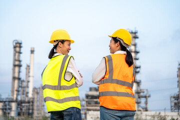 Two Asian female engineer with white safety helmet standing front of oil refinery. Industry zone gas petrochemical. Factory oil storage tank and pipeline. Workers work in the refinery construction