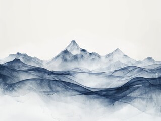 Abstract watercolor painting of a mountain range in shades of blue.