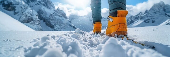Close-up of hiker in yellow boots walking through snowy mountain landscape, capturing the essence of winter adventure and alpine exploration.