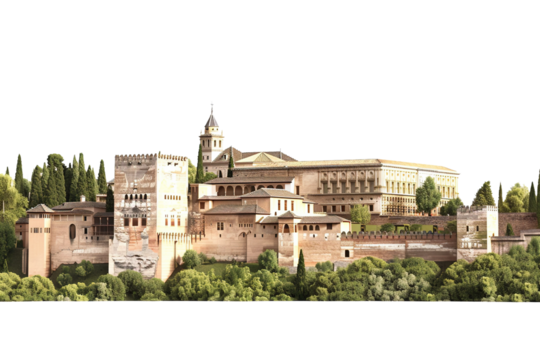 Architectural Alhambra Palace Isolated on Transparent Background