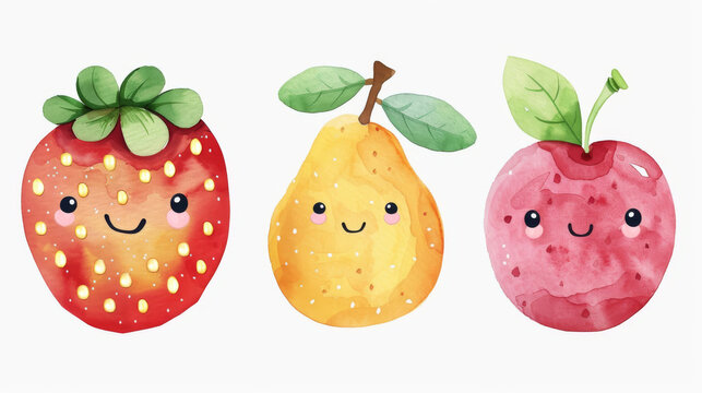 Fruits with smiling faces, watercolor cute cartoon character
