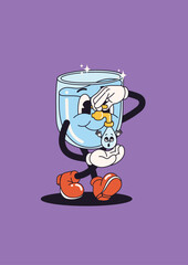 Illustration glass of water. renewable energy. Save water. Don't waste. Tap.  Vector about climate change. Purple background. Earth care. 