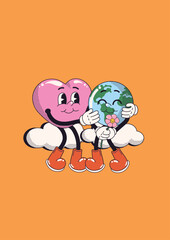 Illustration heart and earth. renewable energy. Earth Day Vector about climate change. Pink background. Clouds. 