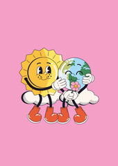 Illustration sustainable earth and sun. renewable energy. Earth Day Vector about climate change. Pink background. Earth care. Earth with flowers