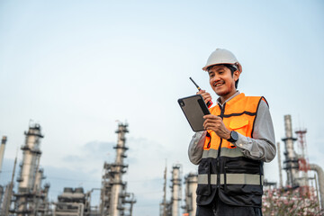 Asian engineer man with safety helmet standing front of oil refinery. Industry zone gas petrochemical. Factory oil storage tank and pipeline. Workers work in the refinery construction building