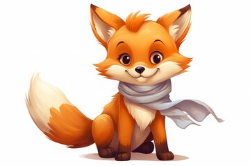 Obraz premium vector illustration style, Lovely little fox with a bushy tail, wearing a tiny scarf, vivid colors captured in high detail, isolated on white background