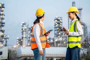 Two Asian female engineer with white safety helmet standing front of oil refinery. Industry zone gas petrochemical. Factory oil storage tank and pipeline. Workers work in the refinery construction