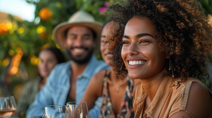 A joyful group of diverse friends enjoying an outdoor meal, laughing and bonding over shared experiences in a beautiful garden setting.