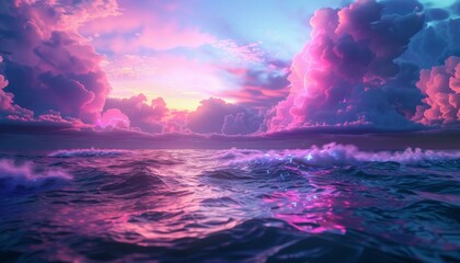 Fototapeta premium Dreamy pink and purple clouds over a calm sea at sunset.