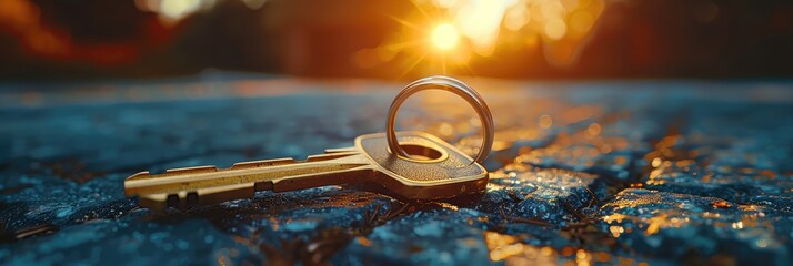 Close-up of a key and ring on a surface with a beautiful sunset in the background, symbolizing hope, opportunity, and new beginnings.