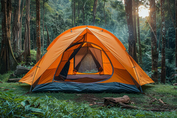 A vibrant orange camping tent set up in a picturesque outdoor location with lush green grass and trees.generative ai