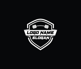 Fitness Gym Logo Design Vector with shield and barbell