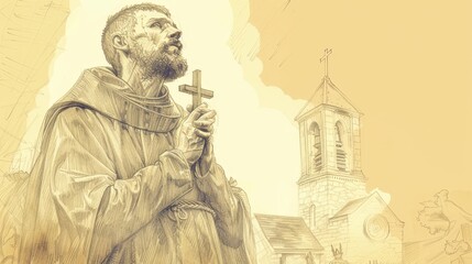 Fototapeta premium Saint Aedh mac Brénainn preaching to a crowd, missionary and leader. Simple setting, attentive listeners, divine presence. Biblical Illustration, Beige Background, copyspace.