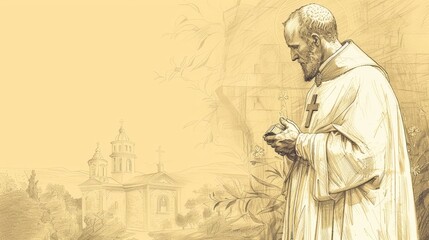 Fototapeta premium Saint Robert Bellarmine in deep prayer with a cross, serene church setting, piety and theological contributions. Biblical Illustration, Beige Background, copyspace.