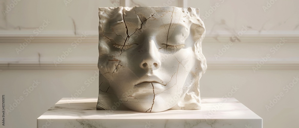 Wall mural close-up of a broken marble sculpture of a serene face on a pedestal, capturing the beauty of imperf