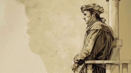Saint Thomas More facing execution, courage and faith. Standing on scaffold, historical setting, martyrdom, unwavering conviction. Biblical Illustration, Beige Background, copyspace.