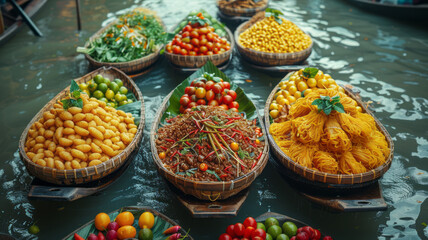 Thai noodle food making on floating boat in floating market Thailand.generative ai