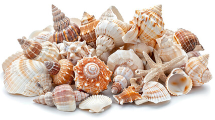 Obraz premium A collection of various colorful sea shells piled together. Perfect for beach-themed decorations or marine biology visuals.