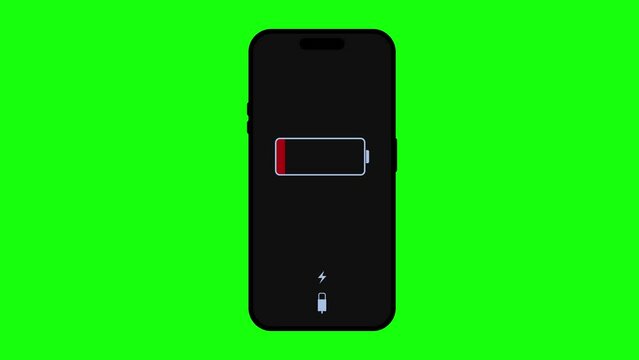 Realistic New Apple iPhone 14 is displayed with very low battery power indicator video on green screen. Low battery warning on mobile phone footage animation. Need to connect charger to smartphone