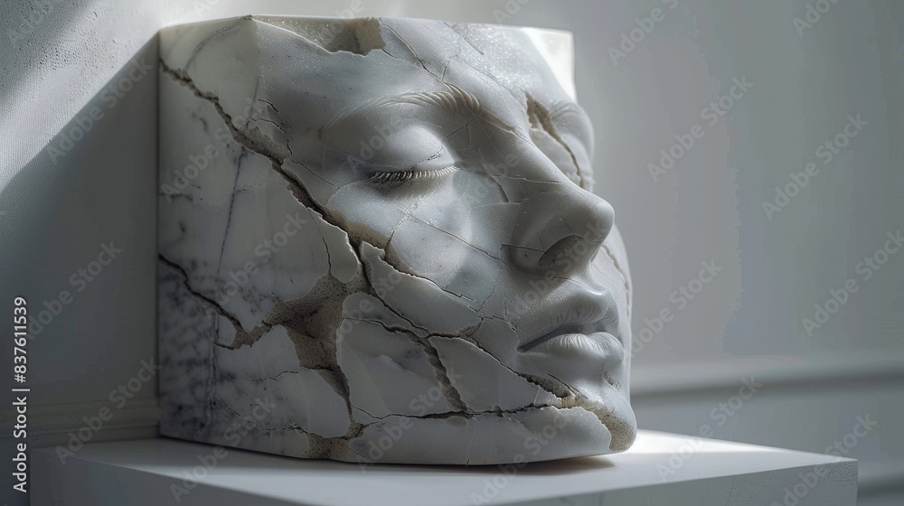 Wall mural marble sculpture of a face with cracked details, displayed in an art gallery under soft lighting, sh