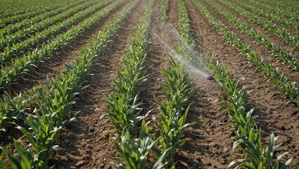 Naklejka premium Sprinkler Irrigation in a Field of Green Plants