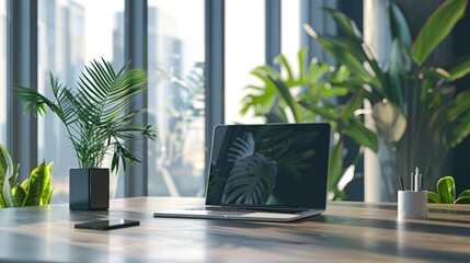 Fototapeta premium Modern Business Workspace with Laptop and Smartphone on Wooden Desk, Natural Light and Indoor Plants Creating Productive Atmosphere