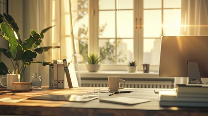 Fototapeta premium Modern Workspace Elegance: Serene Professional Office Desk with Neatly Organized Essentials in Soft Morning Light