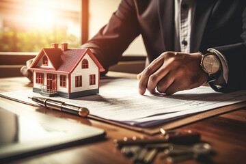 generated illustration businessman signs contract behind model home