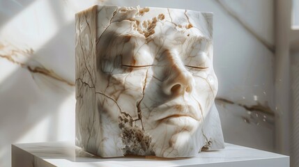 Close-up of a marble sculpture displaying a serene face, showcasing intricate details and a sense of tranquility.