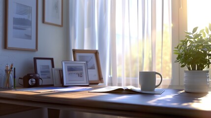 Fototapeta premium Warm and Cozy Business Office Desk with Personalized Decor, Sunlight Through Sheer Curtains 