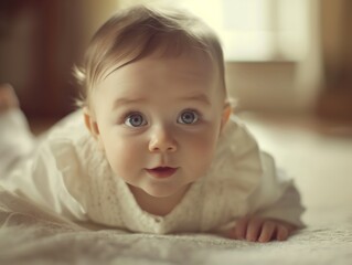 A baby with big blue eyes and light brown hair lies on their tummy, gazing curiously at the camera. The soft lighting and neutral background create a warm, serene atmosphere.