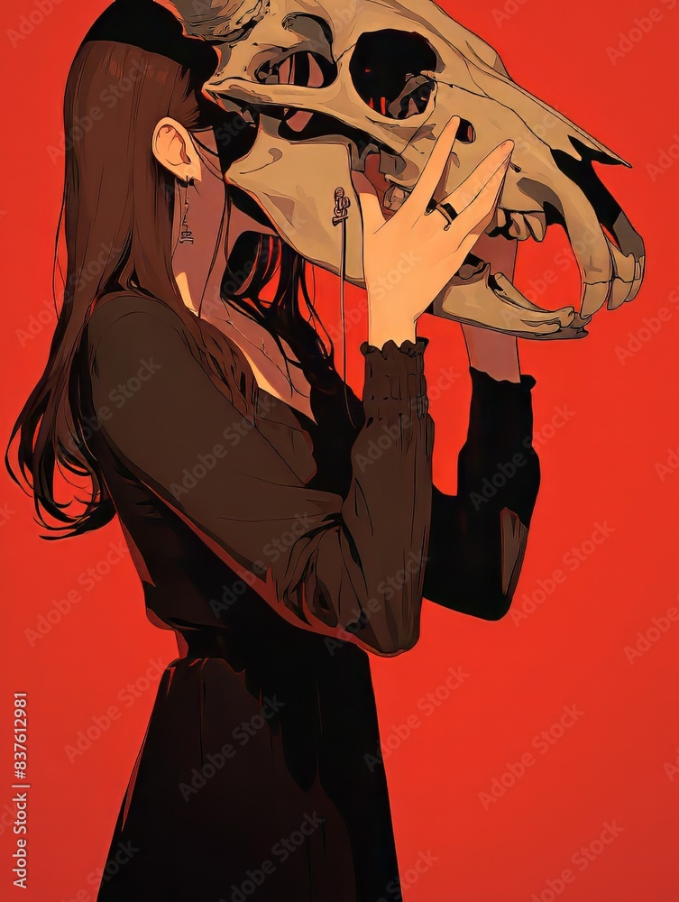 Poster girl take off animal skull mask in red background