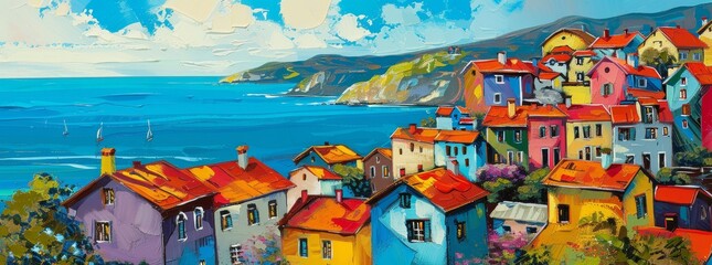 Colorful coastal town with houses painted in bright hues overlooking the sea generated by AI