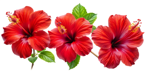  Set of tropical red hibiscus flowers isolated on transparent background PNG. AI GENERATED