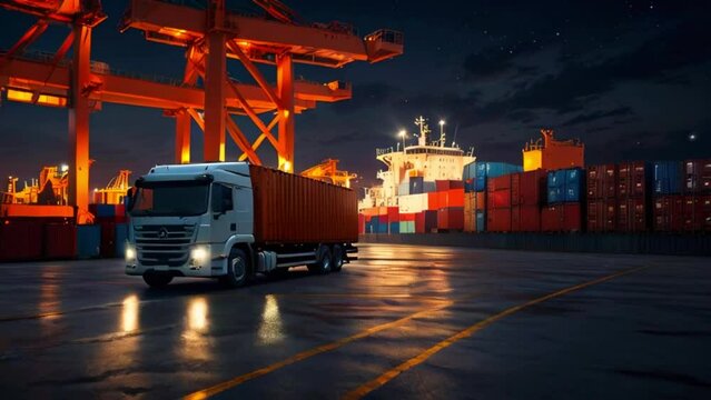 A semi truck is parked in a shipping yard at night. There is a large container ship in the background.