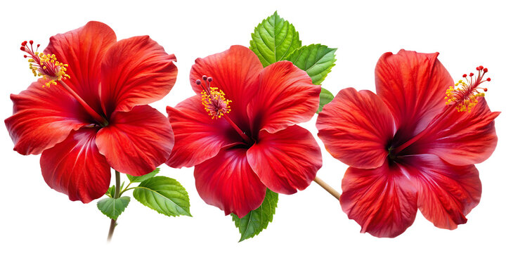  Set of tropical red hibiscus flowers isolated on transparent background PNG. AI GENERATED