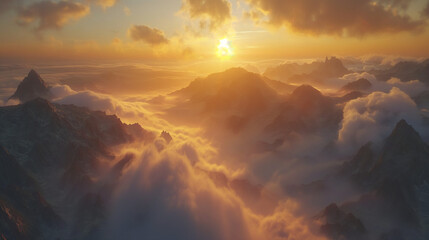 Fototapeta premium Dense fog blankets the valleys below, adding a layer of mystique and depth to the scene.