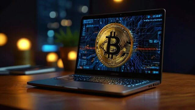 A laptop is sitting on a wooden table. The screen is displaying a gold Bitcoin symbol in the center with a circuit board pattern in the video.