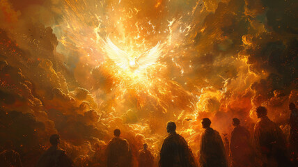 Pentecost. The descent of the Holy Spirit on the followers. People in front of a bright fire with white dove. Digital painting.generative ai