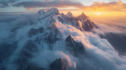 Naklejka premium Tall, cloud-capped peaks reaching towards the sky.