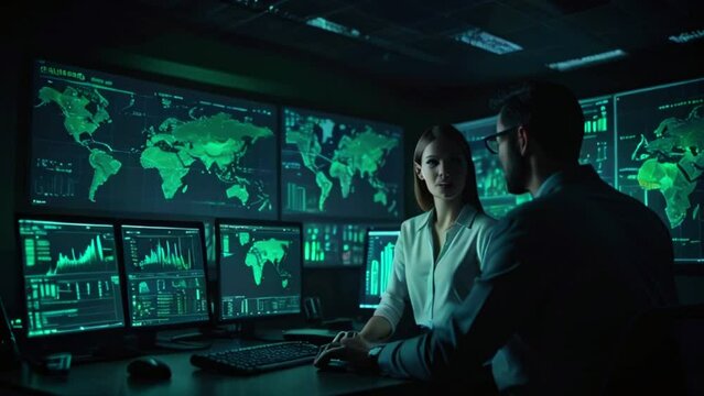 A man and a woman are sitting in a dark room looking at several computer screens with green and black code and maps.