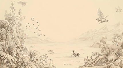 Genesis 1 Biblical Illustration: Creation of Light, Darkness, Sky, Land, Sea, Plants, Animals - Beige Background with Copyspace for Inspirational Use