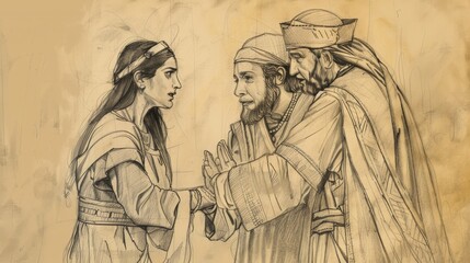 Fototapeta premium Esther 4 Biblical Illustration: Mordecai's Plea, Esther's Decision, Risk - Beige Background with Copyspace for Inspirational Use